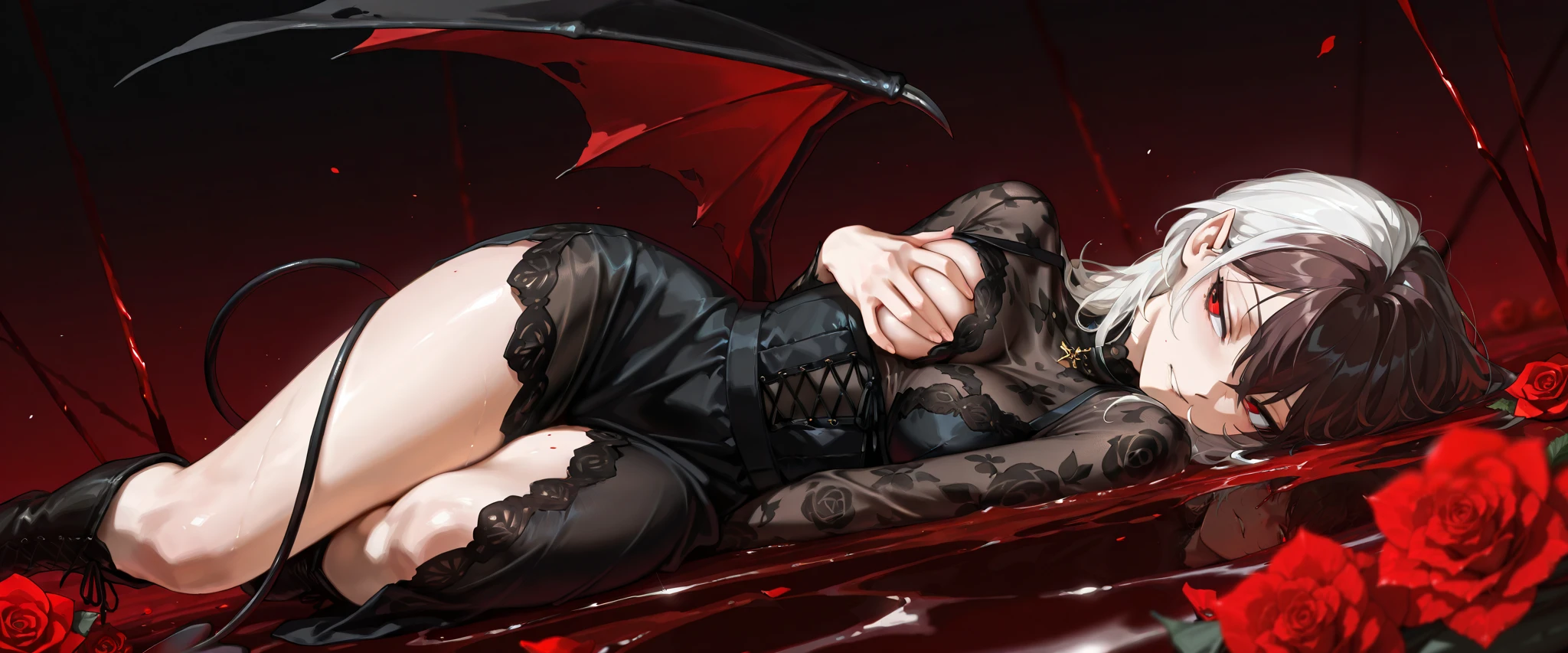 by [arknights|(748cmstyle:0.5)], mature, young adult, masterpiece, best quality, amazing quality, very aesthetic, high resolution, ultra-detailed, absurdres,
1girl, woman, solo, alone,(side shot, dynamic pose, upper body focus, three quarter view, close_up shot:1.2), dramatic pose, red eyes, black hair, medium hair, white hair, brown hair, vampire, lace dress, high boots, succubus, holding her breasts, half lidded eyes, tsurime, medium breasts, divinity, fighter, lip bite, darkness, Laying down in a field of blood roses, laying down on her side, sexy pose, rubbing her thighs, on her sides, fingering herself, masturbating, gentle masturbation,
BREAK, depth of field, volumetric lighting
 