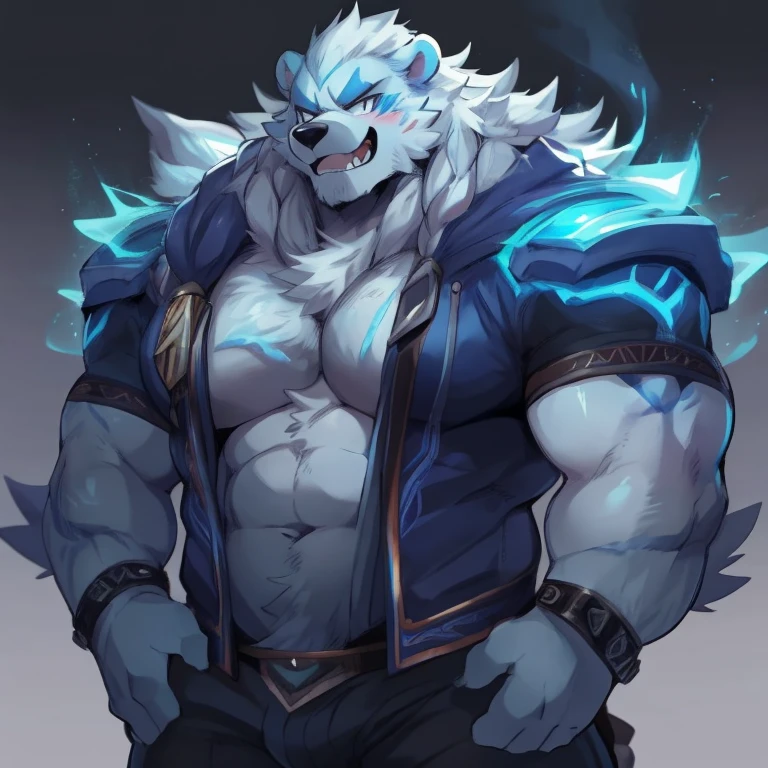 furry growth, hyper growth, hyper muscles, wolf, blue wolf, shirtless, white shorts, exaggeratedly muscular, infinity gauntlet, six infinity stones, in the middle of space