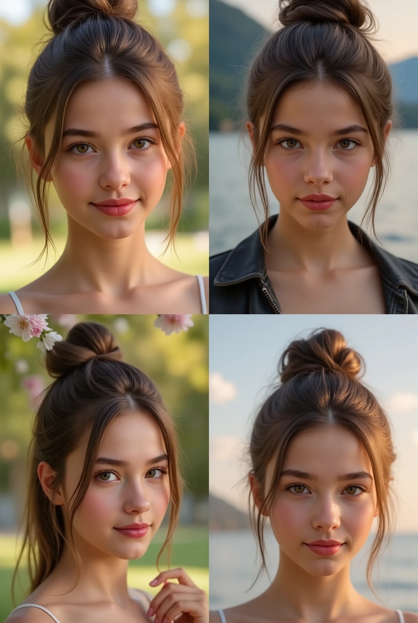 🌟 :
"high resolution, photorealistic, with natural lighting and soft transitions. professional quality, like modern fashion photography."
🌌 :
"outdoor shots at various locations: 1) A sunny park with blooming trees in the background, 2) an urban street covered with graffiti walls, 3) a beach at sunset with soft waves in the background, 4) a mountain landscape with a foggy forest."
😈 :
"An 18-year-old girl with flawless skin and expressive facial features. different haircuts: 1) open, straight hair, 2) curly waves, 3) an elegant updo, 4) a half-open bun with loose Stretch. She wears minimal makeup, that accentuates her natural beauty."
🔥 :
"Different emotions and perspectives: 1) A smiling look directly at the camera, 2) a thoughtful look to the side, 3) a playful look up, 4) an intense look with lips slightly open. The pose is natural, with a slightly tilted head or a hand, that gently touches the hair."
💋 :
"A series of professional portraits of an 18-year-old girl, taken at various locations such as a park, an urban street, a beach and a mountain landscape. Each picture shows different emotions, hairstyles and viewing angles, mit natürlicher Beleuchtung und photorealisticer Qualität.