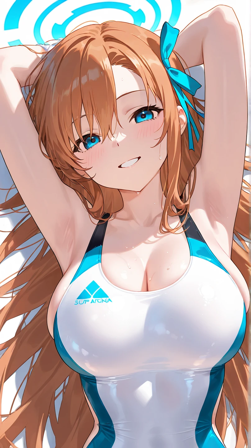 (Highest quality,4K,8k,High resolution,masterpiece:1.2),Very detailed,32-year-old woman、(((Mature Woman))), (((Mature Woman))), Best Bust、Large Breasts, Cleavage、from above, cowboy shot, Beautiful Eyes、Orange Hair、Moss green eyes、Red lips, ((ponytail)), (Drill Hair), ((amount)), Very cute face, Glossy Lips, Double eyelids on both eyes, Tight waist、(volleyball uniform), ((underboob)), ((lying)),  on back, bra lift, ((spread legs)), cameltoe, Natural Makeup, ((orgasm)), blush、Sweat、open mouth, Long eyelashes, Shiny and smooth hair、tall、In the gym、Olympic Venues、