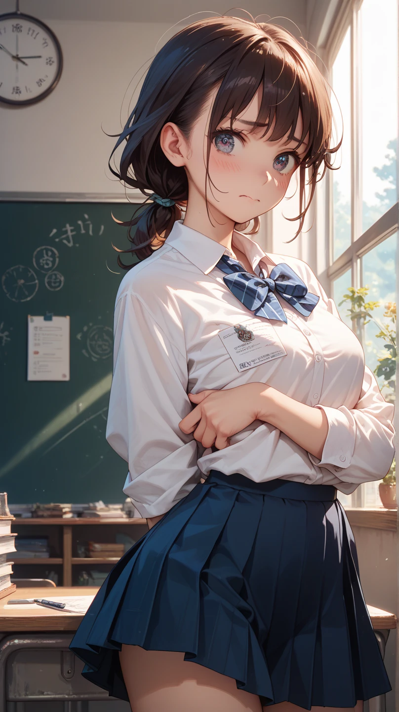 (masterpiece:1.3, top-quality, ultra high res, ultra detailed), (realistic, photorealistic:1.4), beautiful illustration, perfect lighting, natural lighting, colorful, depth of fields, ,
beautiful detailed hair, beautiful detailed face, beautiful detailed eyes, beautiful clavicle, beautiful body, beautiful chest, beautiful thigh, beautiful legs, beautiful fingers, shiny skin, 
looking at viewer, 1 girl, junior high school girl, 12 years old, (perfect anatomy, anatomically correct, super detailed skin), cute and symmetrical face, babyface, perfect face, perfect eyes, (tiny), 
(short hair, curvy hair, yellow ocher hair), swept bangs, hair between eyes, brown eyes, drooping eyes, big eyes, long eye lasher, (small breasts, thin thighs), skin dendation, 
detailed cloth texture, break, (light green collared shirt), break, (cobalt blue pleated skirt), break, (pink heart hairpin), break, blue plaid bow tie, break, 
(beautiful scenery), day time, (classroom:1.1, blackboard, lecture desk), standing, head tilt, (index finger raised), (lovely smile, upper eyes, open mouth small), 