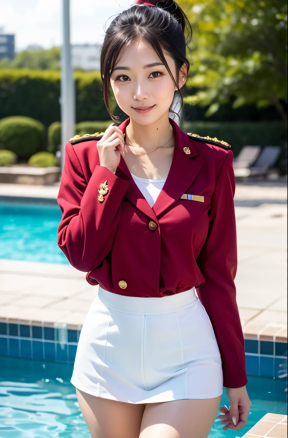 real photos、landscape in canvas、sunny、squatting down、Highest imYear quality、Beautiful woman、beautiful thighs、beautiful face、real imYear、federal army uniform miniskirt、ponytail、lift the skirt。、showing white panties、Yuriko Yoshitaka、16Year日本人女性、Mrs. Bowe、pretty girl、white pantiesが丸見え、16Year、(white panties:1.3)、super mini skirt、beautiful thighs、white panties、赤いミニスカートがめくれてwhite pantiesが見えてる