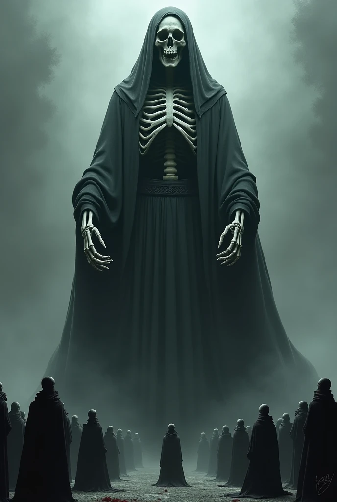 Giant skeleton album cover in the shape of a pope woman and encases skeletons in black clothes in a ritual