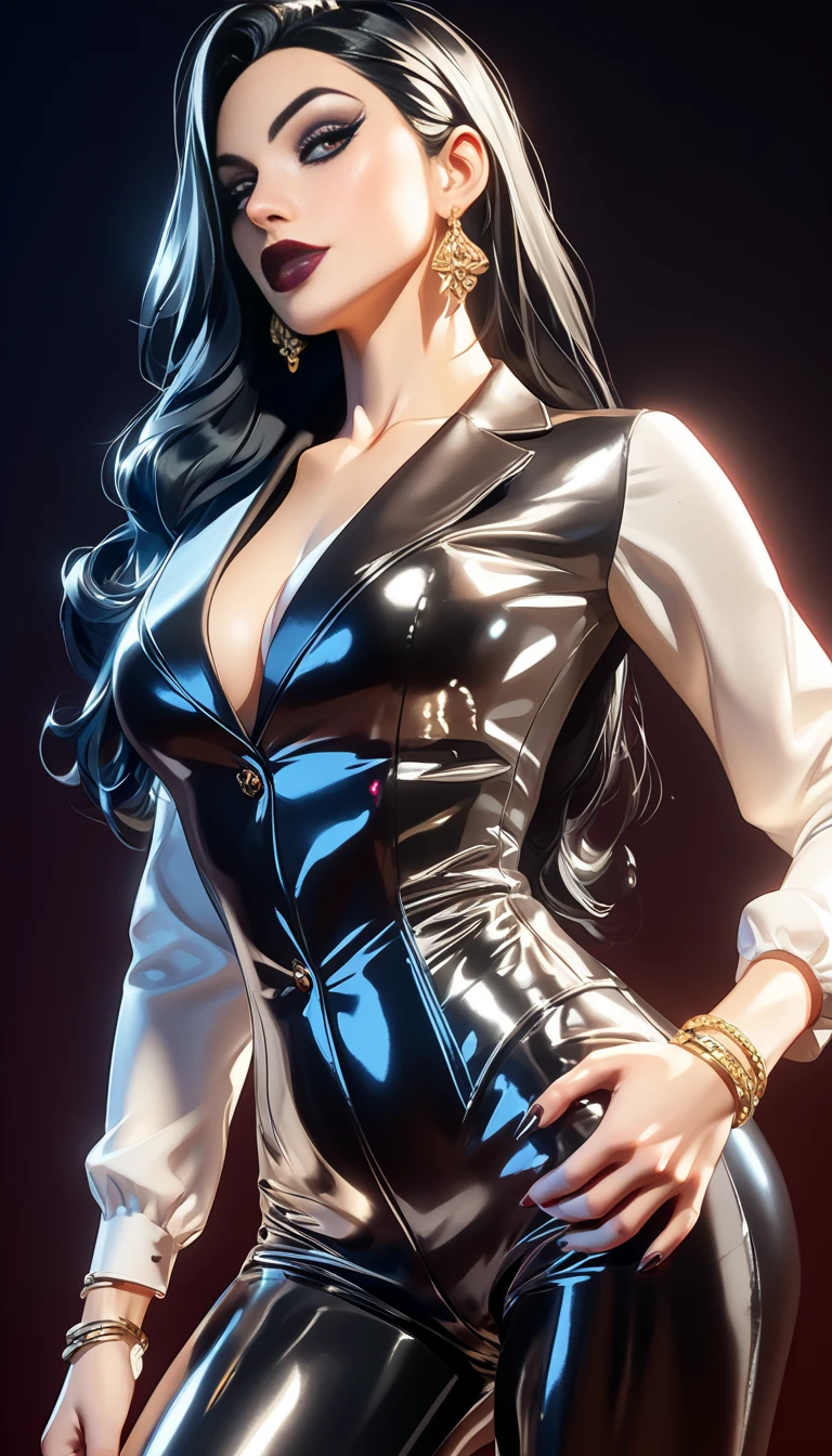 Jet-black hair with a shaved undercut, bright blue eyes, facial blend of Emma Stone, Gugu Mbatha-Raw, and Amy Adams. 32-year-old female appearance, lab coat with a pin of a double helix, mid-shot, neutral background, multiple ear piercings with a notable silver helix cuff, choker with a biohazard symbol, holds a set of test tubes in a rack, prominent tattoo of a DNA strand interwoven with barbed wire on her forearm