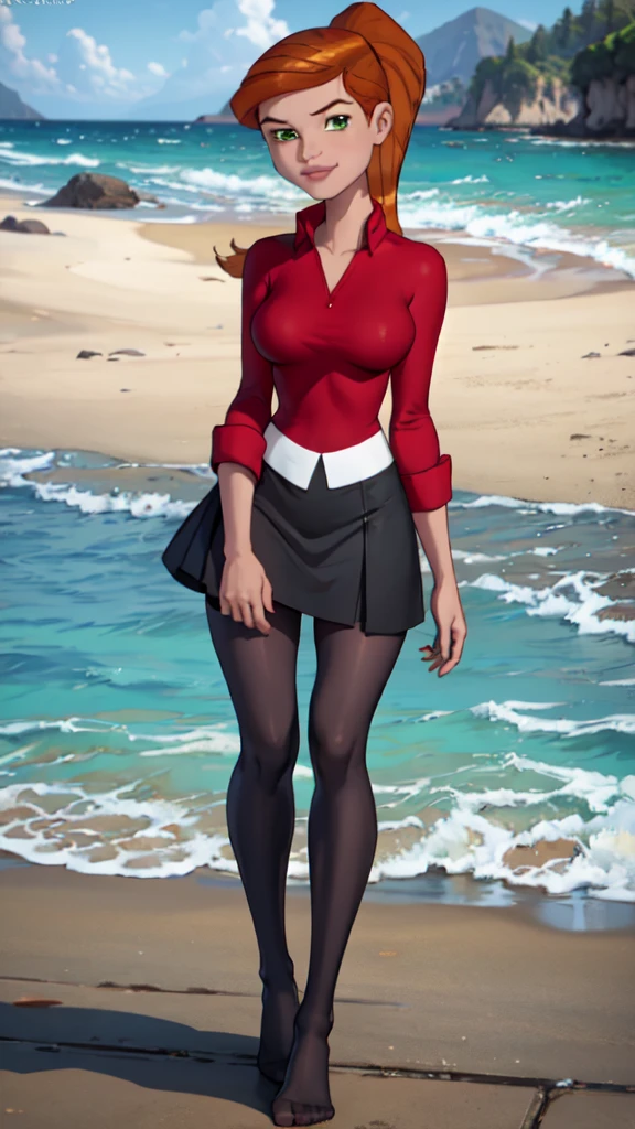 masterpiece, best quality, full body standing straight symmetrical, sfkarin, hair bow, ascot, red jacket, long sleeves, frilled skirt, pantyhose, standing, looking at viewer, from below, looking at viewer, smug, smile, sky, clouds, thighs,
