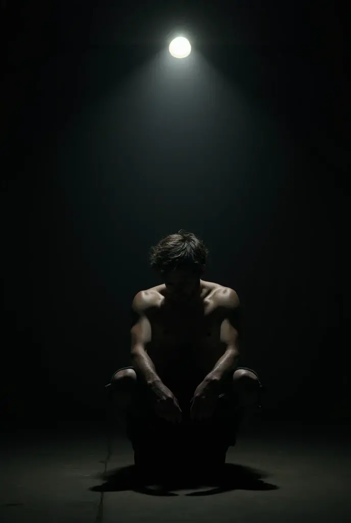 A lonely man sitting under a single light in a absolutely dark room