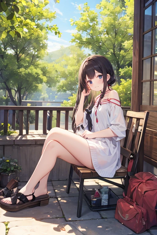 Mitsuri,(sitting on a wooden chair),(skirt),(shirt),(Raise one leg),(cordial),(springtime),(slutty)