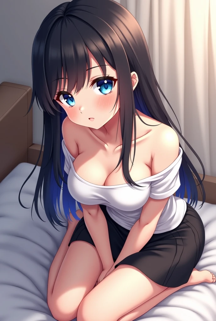(((nude))), nipple, Very detailed、highest quality、Best image quality、masterpiece、8k、Anime Face、A kind smile、Open Mouth、(black long hair:1.5)、big breast, sexy、 beautiful body 、Cowboy Shot, Sexual Intercourse, ((blue eyes)), hotel bedroom, (((skirt))),