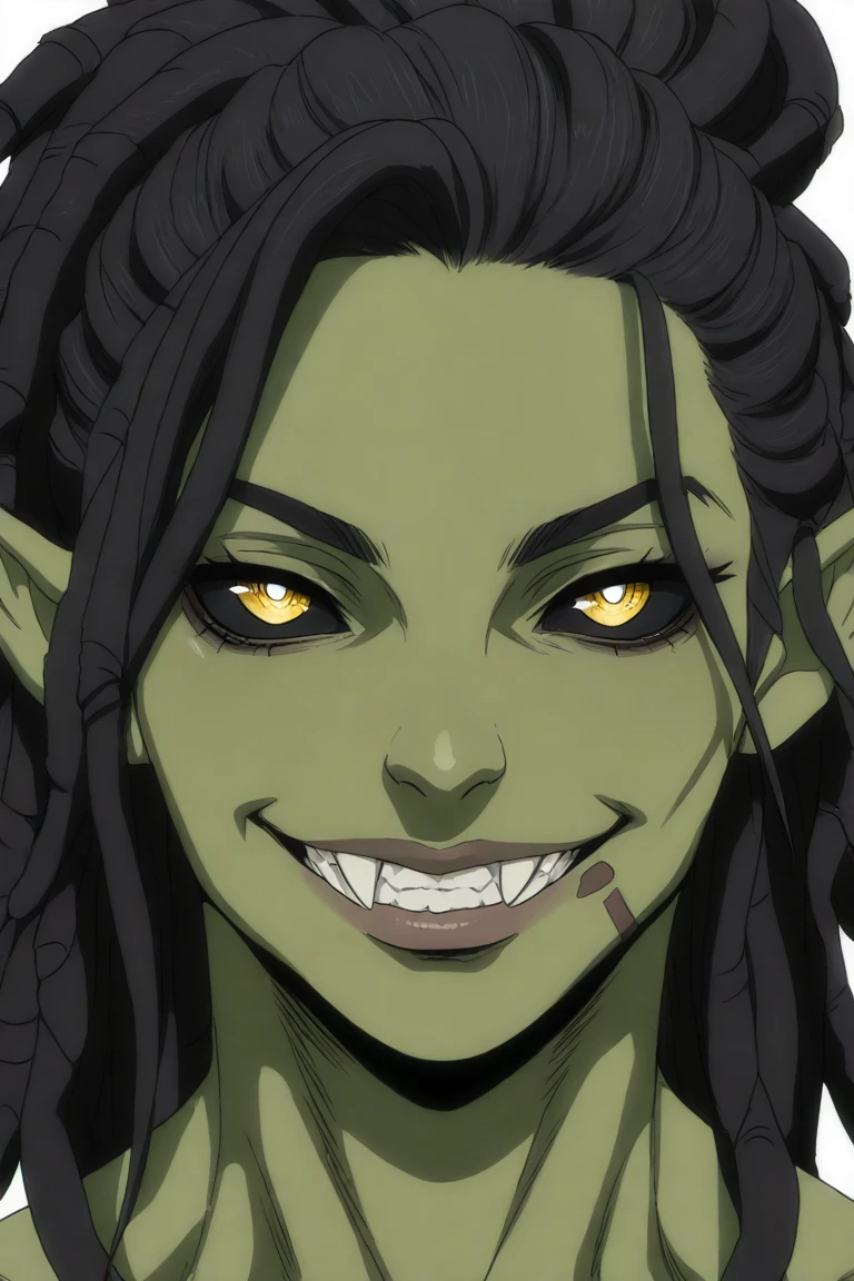 1boy, adult, Green eyes, black long hair, ponytail hair, black hair, Hair flutters, Long hair,White Skin, pale skin, elf ears, white blouse, The top buttons are unbuttoned, wide sleeves, Scars on the face, scars, looking at the camera, Head to side, smirk smile