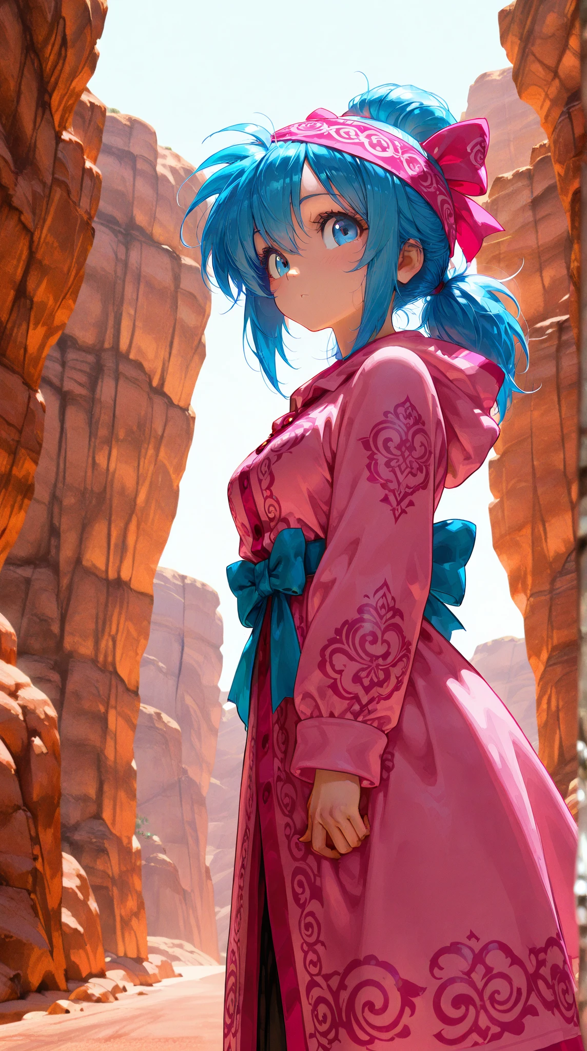 1girl, solo, female merchant, dragon quest 3, blue earrings, sleeveless top, open vest, blue vest, short hair, pink hair, top knot, high ponytail, small breasts, sexy, red sash, white shirt, baggy pants, white pants, bare shoulders, cleavage, desert, yellow shoulder bag, masterpiece quality, intricate detail, 4k resolution, ultra hd