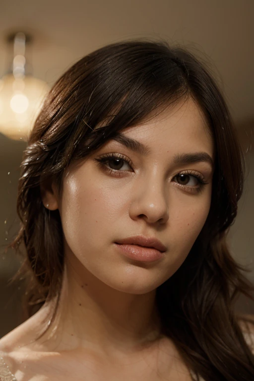 Her face shines with great, expressive eyes, which are framed by long eyelashes. The eye color is an intense blue, Green or a warm hazelnut brown, that immediately catches the eye. Your skin is flawless and radiant with health, with a light glow, which makes your face appear lively and fresh. Your full, symmetrical lips are accentuated with a natural or slightly glossy lipstick, which makes her smile even more attractive. The nose is straight and well-proportioned, harmonizes perfectly with the high, defined cheekbones, that give your face an elegant structure.Her hair is long and shiny, falls in natural waves or is smooth and healthy. The hair color is a rich brown, radiant blonde or deep black, possibly with soft highlights or a modern balayage effect, which adds additional depth and dimension.Her body is slim, but curvy, with an accentuated hourglass figure. A narrow waist leads to shapely hips and a well-proportioned chest. Her posture exudes self-confidence and grace, which makes their overall appearance even more impressive.The clothes, that she wears, is fashionable and trend-conscious, underlines your figure and combines elegance with everyday practicality. Her style is sophisticated and modern, while using minimalist and tasteful accessories such as subtle earrings, wears a delicate necklace or fine bracelets, that give your look that certain something.A warm, A friendly smile adorns her face and gives her a pleasant and approachable charisma. A small beauty flaw like freckles, a charming birthmark or a special hair color can emphasize your uniqueness and authenticity, which makes them even more distinctive and attractive.Overall, this woman presents herself as a harmonious mixture of naturalness and perfection, whose charisma through authenticity and individual