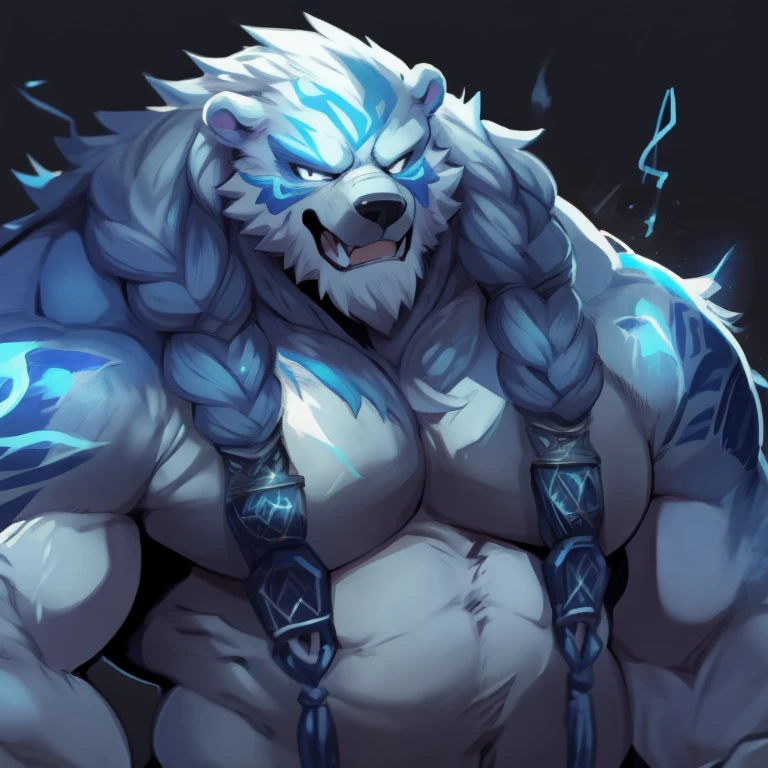 (masterpiece, 4k ,ultra detailed:1.2),(fantasy:1.2),illustration,(realistic:1),(photorealistic:1),
(Volibear, the champion from League of Legends:1.6),
(white hair,very long fur:1.6),(roaring with open mouth:1.3),(white bear with blue eyes and a glowing light on its face:1.4),
(musculous body,blue rays coming out of eyes,rays surrounding around,giant bear:1.3),
(forest, night, lighted mushrooms, fireflies:1.2),