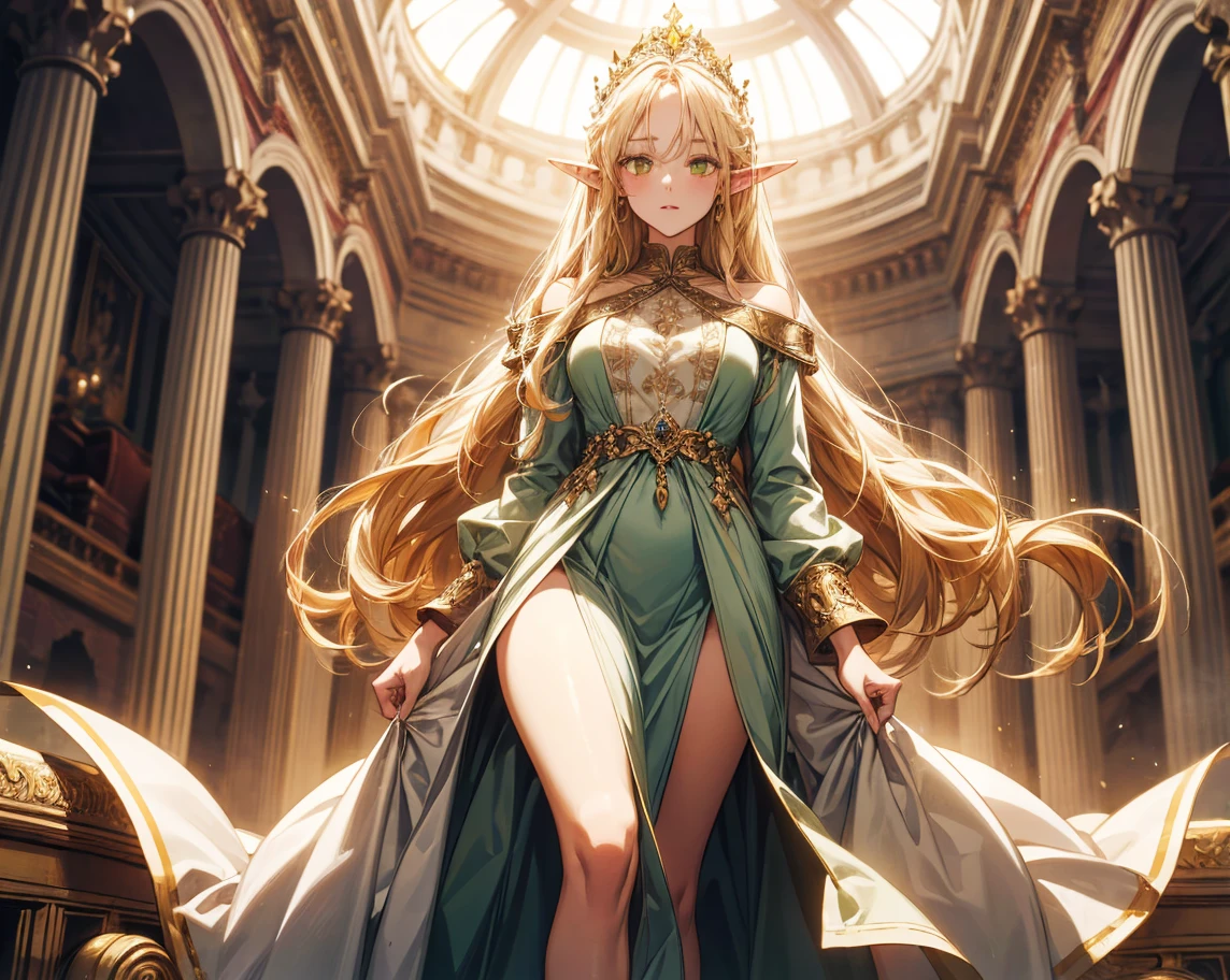 (best quality)) ((masterpiece)) human, 1woman, ((full-body-point-of-view-1)), ((stern facial expression)), huge_breasts_1, solo, long_hair, ((1green eyes)), ((light_blonde_hair)), ((stern face)), looking_at_viewer, massive_breasts_1, wide_hips_1, freckles, gold_trim, very_long_hair, gold_jewelry, bangs, ((regal dress)), beautiful_scenery_background, ((perfect green eyes)), ((highest quality)), ((excellent quality)), ((best quality)), 2arms-1, ((feet-1)), ((hands behind head))
