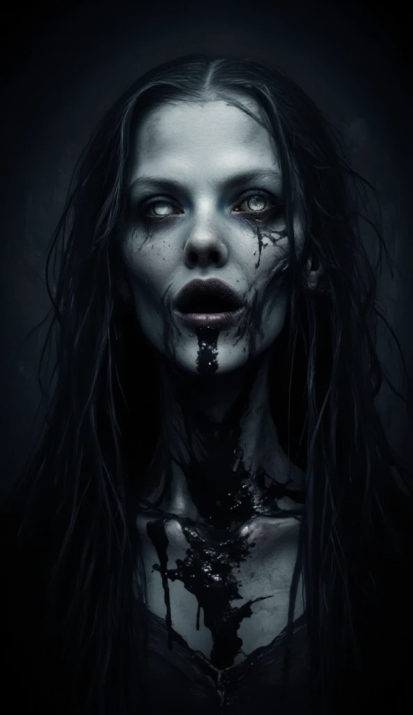 masterpiece inspired by Hellraiser, H. P. Lovecraft and Evil Dead 2013, realistic full body ((hard body pierced)) photography of two young evil zombie skinny female, without clothes slim skinny young two evil zombie female with hard body pierced ((two nude young slim skinny young evil zombie female, full body pierced)), decomposing, out dark-black liquid from decomposing body, 12k definition, full body of two beautiful cute young skinny nude creepy scary evil zombie female psycho monster bat young girl with sparkly translucent pale ghostly dark evil zombie skin cuddling close without clothes decaying black-blue liquid body with piercing, very intricate scary facepaint bodypaint full pierced with dark liquid out, detailed bright ghostly dark liquid out from eyes, freaky shiny evil zombie skinny emo, light blue and light green dark hair, and evil scary wicked grin-blue, dark shadowy scene in very spooky haunted house, ultra-detailed, ((dark art)), horror swamp, full body view, head to toe, UHD