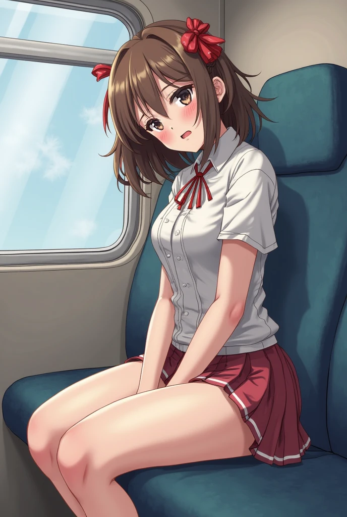 30-year-old female cabin attendant, crouching in the aisle of the plane, picking up lost items, skirt, stockings, detailed eyes (from the front, from below), masterpiece, blushing, shy face