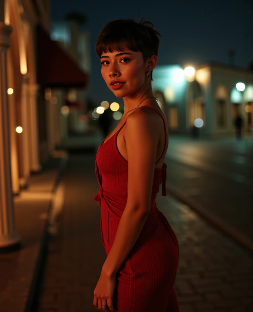 Em uma cena cinematográfica e hiper-realista, Xochitl Gomez wearing a red dress, at night, short straight black hair, fit body, normal fit legs, she's 30 years old