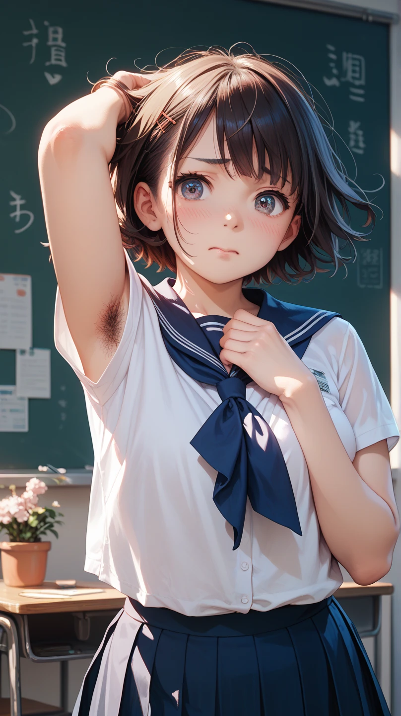 (Very cute 16 year old young woman from Japan), ((Brown delicate hair)), ((Short-cut hair in a ponytail)), (((Clean hands))),(Curly hair),(((Very sweet smile))),(((The upper body is wearing a high
sailor suit))),(((Lower body miniskirt))), (((high school student))) ((of the highest quality, 16 K, masutepiece: 1.3)), Light on Face, hyperdetailed face, very detailed lips, Detailed eyes,class room,school, office,(fullnude:1.0),(show your pussy:1.5),(full-face blush:1.3),(small breasts:1.2),(skinny:1.2),