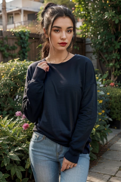 A girl is standing in the park、, Full body photo、,Short Haircut、 smile、Beautiful teeth alignment、Ear piercing、,,Grey sweater, Skinny jeans、 Wearing sneakers,, High resolution, detailed, Realistic,High detailed