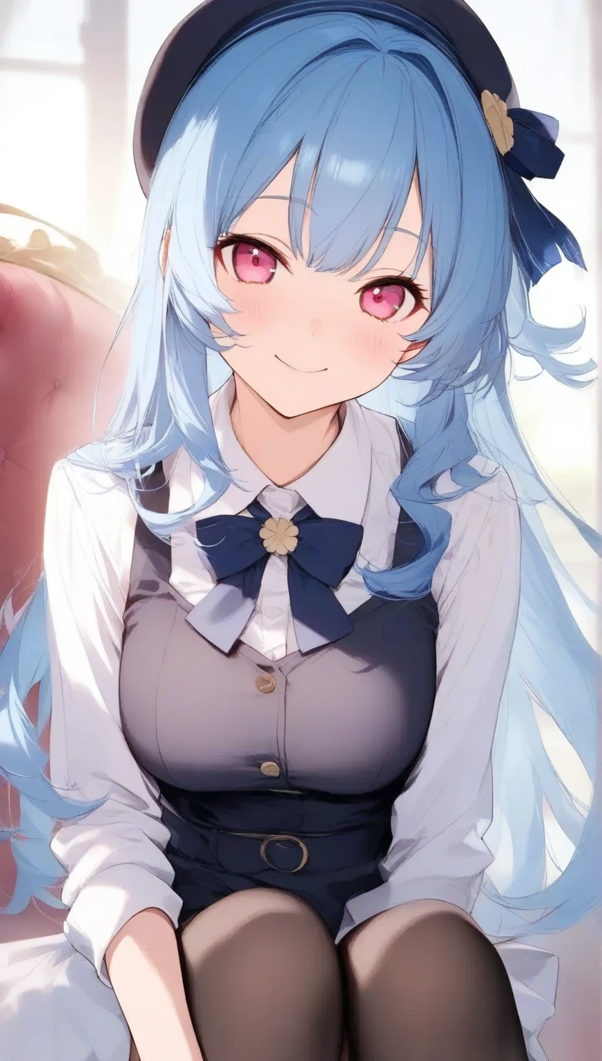 masterpiece,best quality,1 girl,Red Eyes,cyan hair,Banya,end,Purple corners smooth,White school uniform,Smile,Love gestures,Exposing breasts