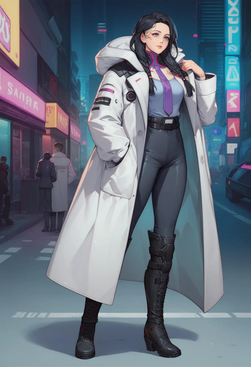By bebebebebe, by lostgoose, by goonie-san, solo, female, standing, muscular, tall, ((hair, designer clothes, prada suit, bird, avian, eagle)), looking at viewer, cyberpunk city