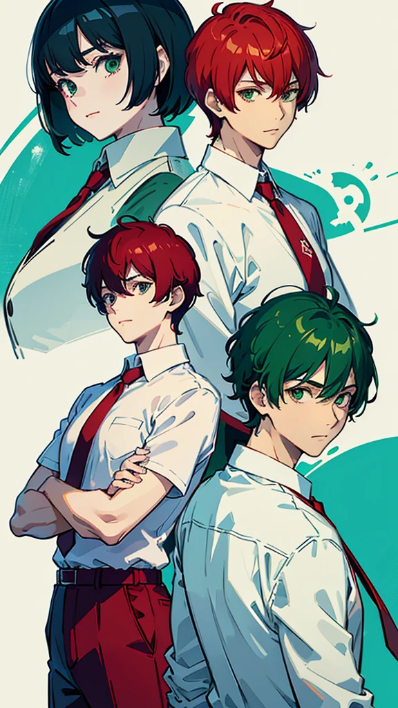 a couple of two female anime holding apples in front of them with green haired person holding apples in front of male, also anime, in one hand (split into two side, red and green), apple, food, fruit, 2boys, multiple boys, necktie, long green hair, red eyes, shirt, short white hair, light brown eyes, holding food, white shirt, holding, holding fruit, red eyes, male focus, looking at viewer, collared shirt, black jacket, closed mouth, purple necktie, , jacket, long sleeves, hair ween eyes, bangs, pants
