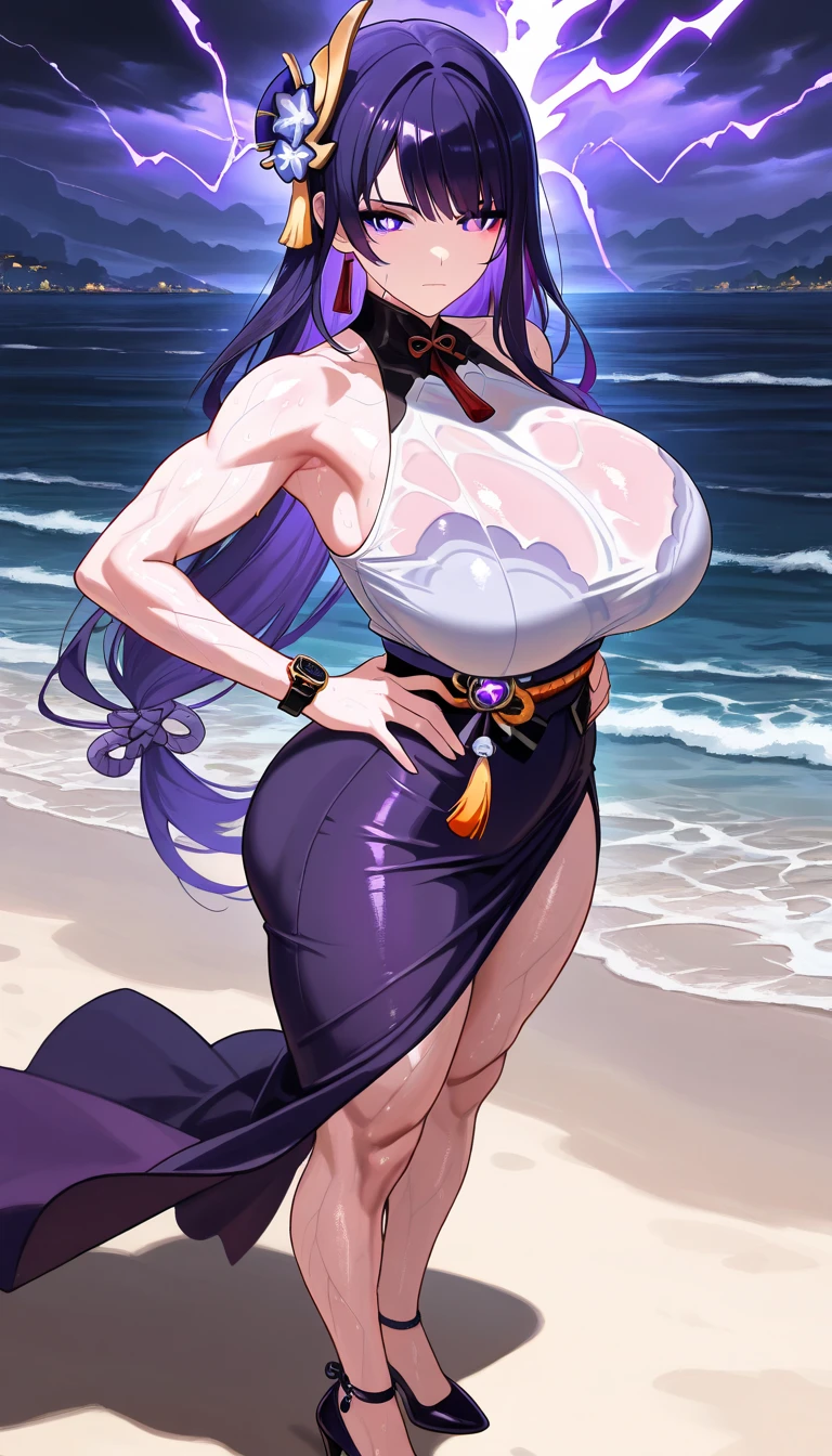Mirellia_q_melromarc, Milf, 1 girl, alone, Standing, (big breasts), (wide hips), (wide thighs), (black bikini), (black bra), (black thong), (teeth), crown, necklace, purple_hair, purple_eyes, lips, jewelry, earrings, Smile, beach, embarrassed