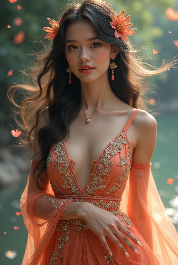 (best quality:1.1) ,(photorealistic:1.1), (photography:1.1), (highly detailed:1.1), looking at viewer,armlet, Jade bracelet, eyelashes, happy, medium breasts,beautiful detailed girl, (extremely detailed eyes and face), (lighting on face),necklace,Colorful clothes, [chinese clothes],[off shoulder], (solo:1.2), sandbeach,sand,Standing by the seaside, summer, (beautiful detailed sky),seethru,
