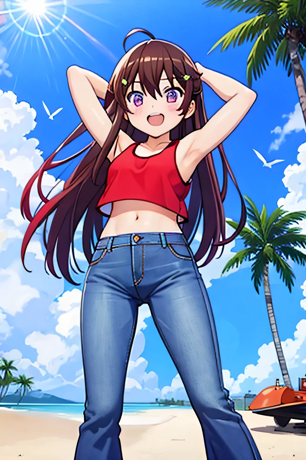 Super beautiful girl with short black hair.., defined body, Wide hips, half  , big butt, mini belt, looking at the viewer, Red blouse, super short jean, brown headscarf, excited face, blush