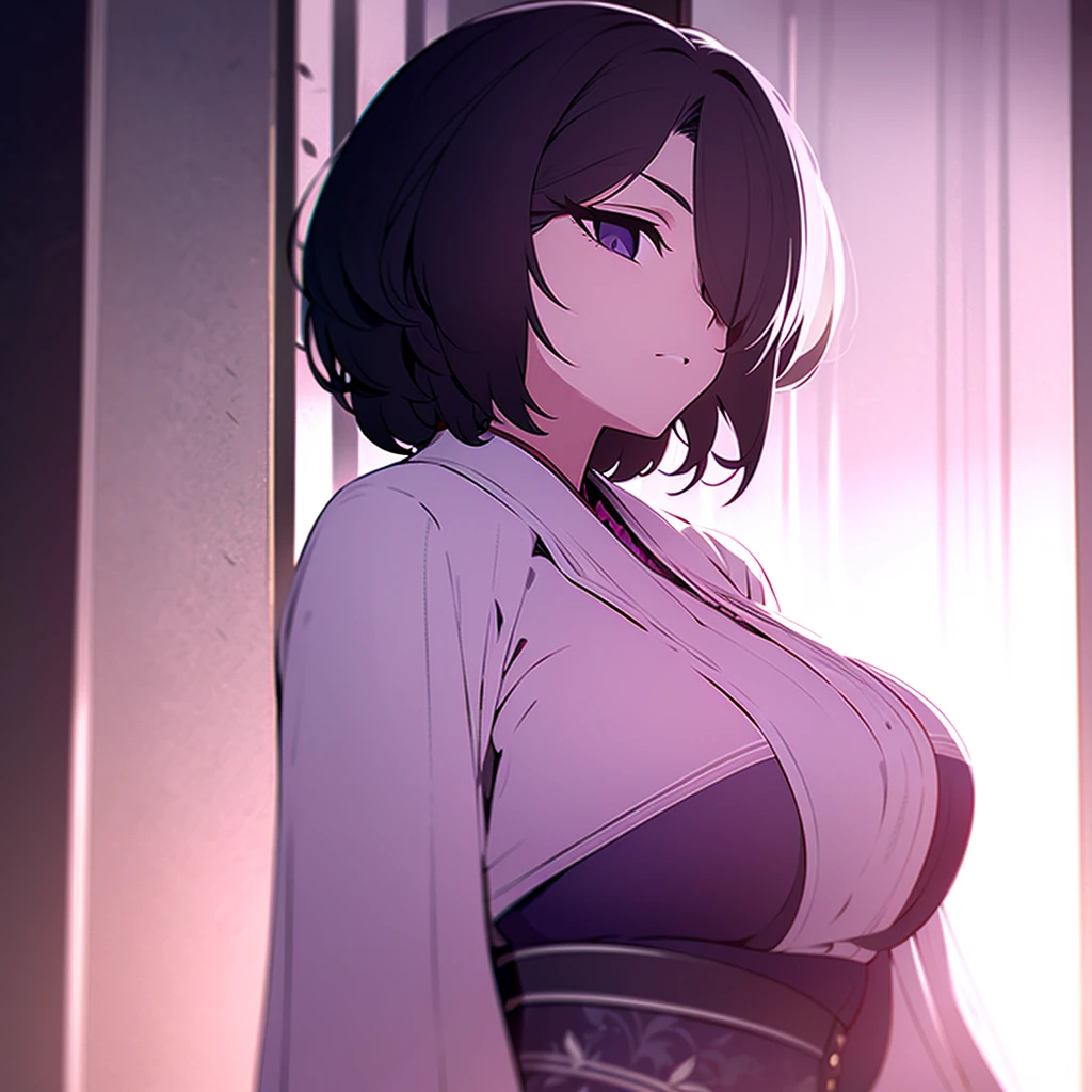 masterpiece, expressive eyes with a captivating sparkle, perfectly framed by medium-length black hair with pink highlights, average height elegantly clad in a stylish, asymmetrical bob with a fringe, showcasing a stunning Shinigami in a short kimono that accentuates her flawless figure, subtly echoing the Bleach style with a hint of sideboobs, yellow eyes radiating an aura of immense power, a single girl with large breasts, short hair, wide hips, and a subtle light lip color, the two-toned hair adding a unique twist to her overall appearance.