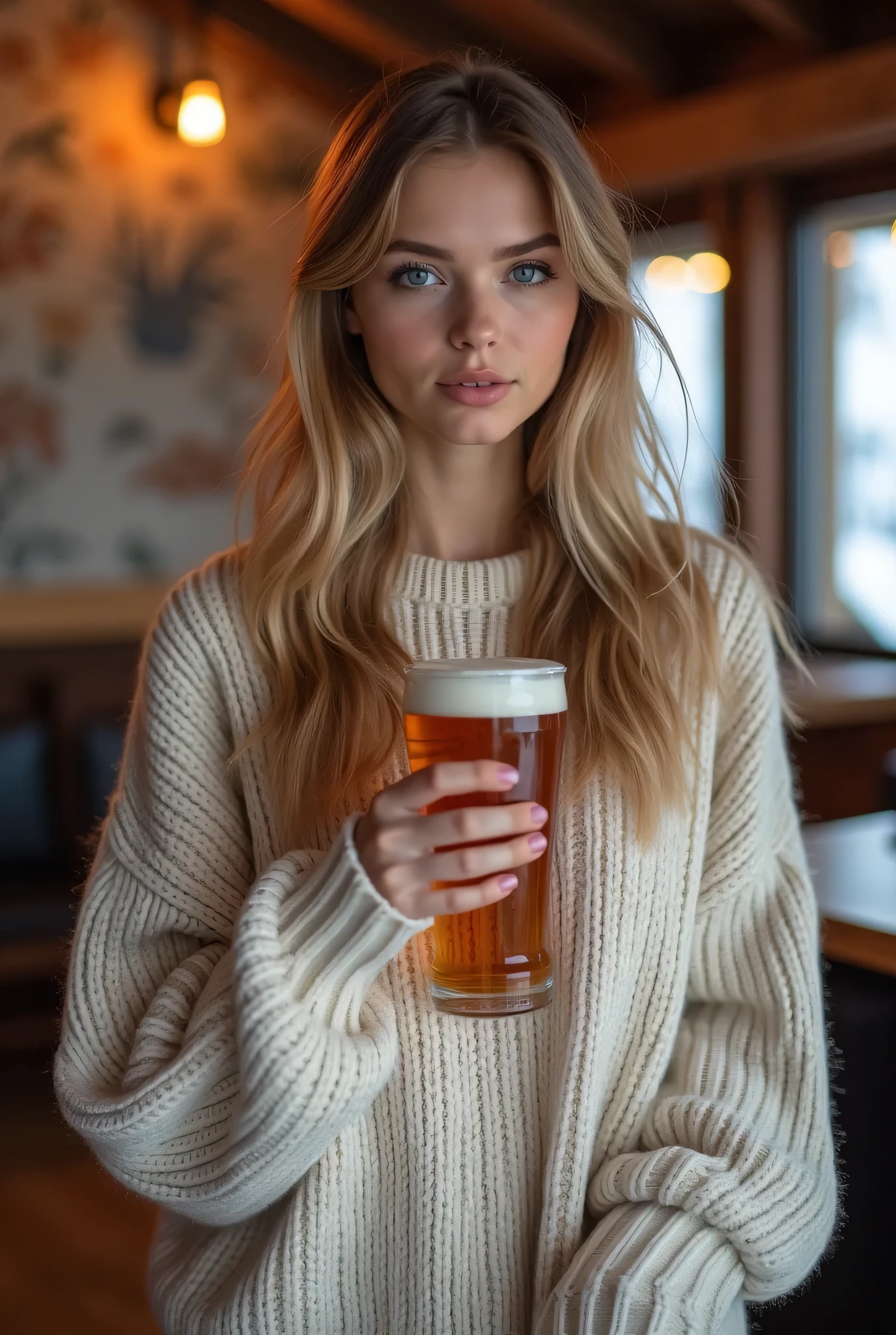 Instagram model, young, Russian, 19 years old, light brown blonde hair, blue eyes, slim, sexy, sharp curves, full lips classy sophisticated innocent cute oversized jumper in ski resort apres ski with pint 8k background with attractive tile friend