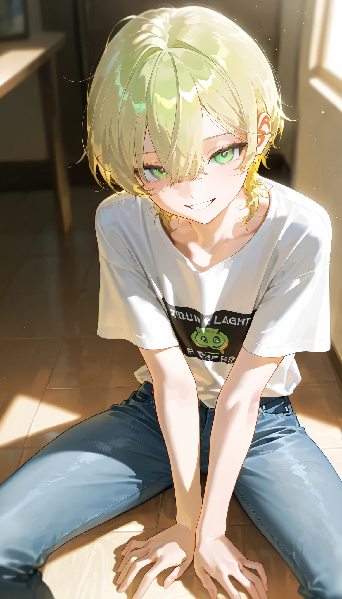 masterpiece, best quality, amazing quality, very aesthetic, absurdres, newest, super detailed, very beautiful, absurd, depth of field, natural light, strong lighting, aesthetic coloring, shiny, detailed face, high-res, 748cmstyle, 1boy, human, shiny green eyes, detailed eyes, short blond hair, bright skin, radiating skin, skinny, wavy ruffled hair, rolled up hair, big white t-shirt, jeans, looking at viewer, shiny skin, until thighs, smiling, relaxed pose, high-angle perspective