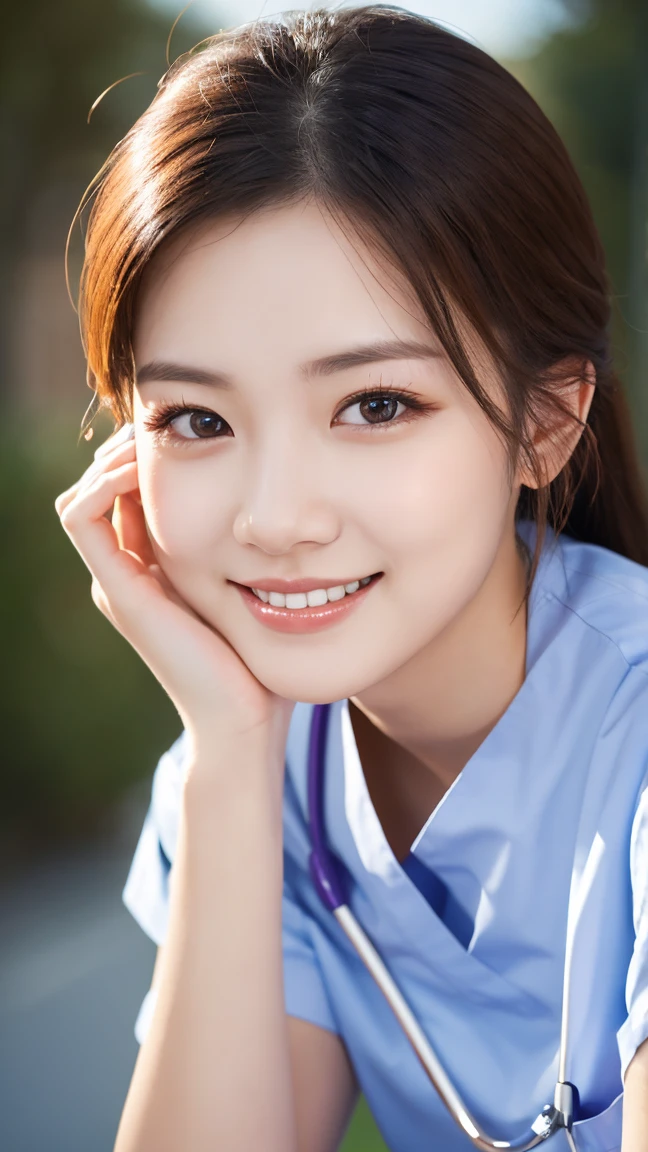 (Ulzzang-6500-v1.1, masterpiece, highest quality:1.3, ultra-detailed 8k:1.2, hyperrealistic:1.35, raw photo:1.2, highest quality, high resolution, wallpaper, realistic, dramatic, realistic painting art by midjourney:1.3, 1 nurse, 28yo, pink nurse uniform, short white tight skirt:1.3, walking in a hospital, super beautiful, beautiful skin, detailed face, symmatrical face, double eyelid, beautiful and detailed eyes, friendly kind smile, beautiful glossy lips, snaggle-tooth, short bob hair, ponytail, chest strengthening, ample bosom, emphasize body line, perfect style, cowboy_shot, bokeh background, natural soft light)