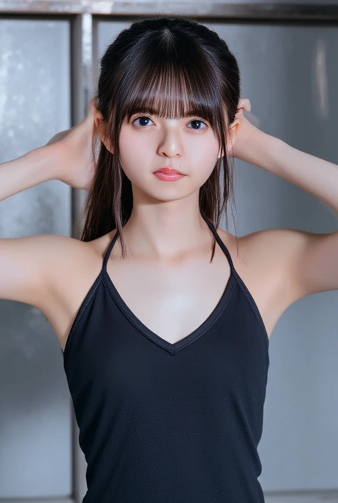 Highest quality、8ｋ、２５age、,Real women、Realistic photos、Cyberpunk Red Green Background、(((Upper body naked))),smile,(((Small body))),(((Cute little sister))),、、Round face,Big eyes, Round eyes、No makeup、Sweaty