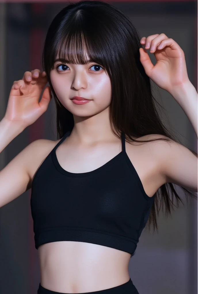 (vulgar),Just the right kind of 25-year-old japanese、black Hair Color,seductive grin smug,close mouth,twin tail,sports bra,
