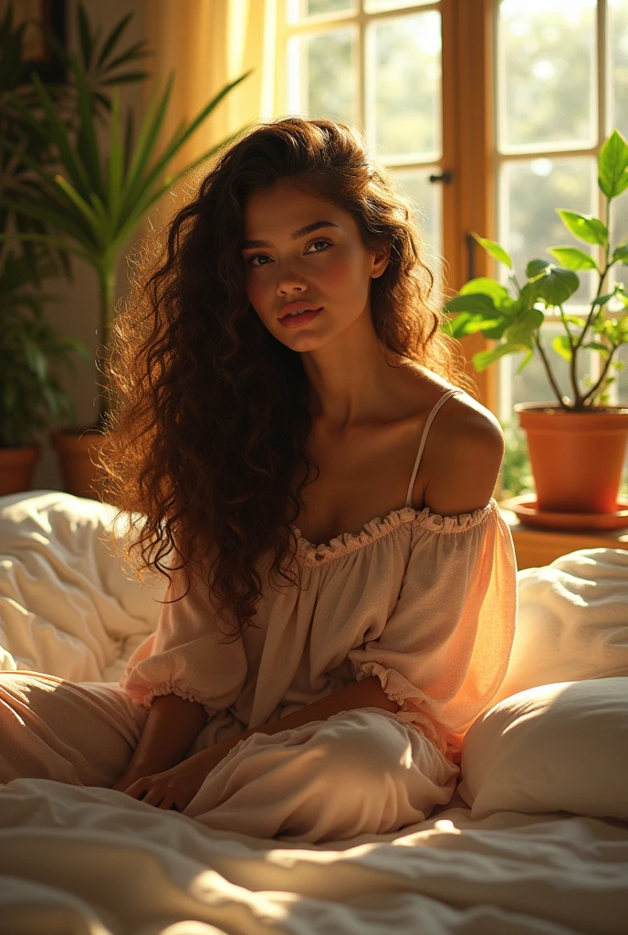 (photorealism:1.2), beautiful woman, sitting on bed, wearing loose off-shoulder top, pajama pants, long curly hair, indoors, soft lighting, plants in background, window with sunlight, cozy room, relaxed pose, realistic, intricate details, warm colors, by Greg Rutkowski, by Alphonse Mucha