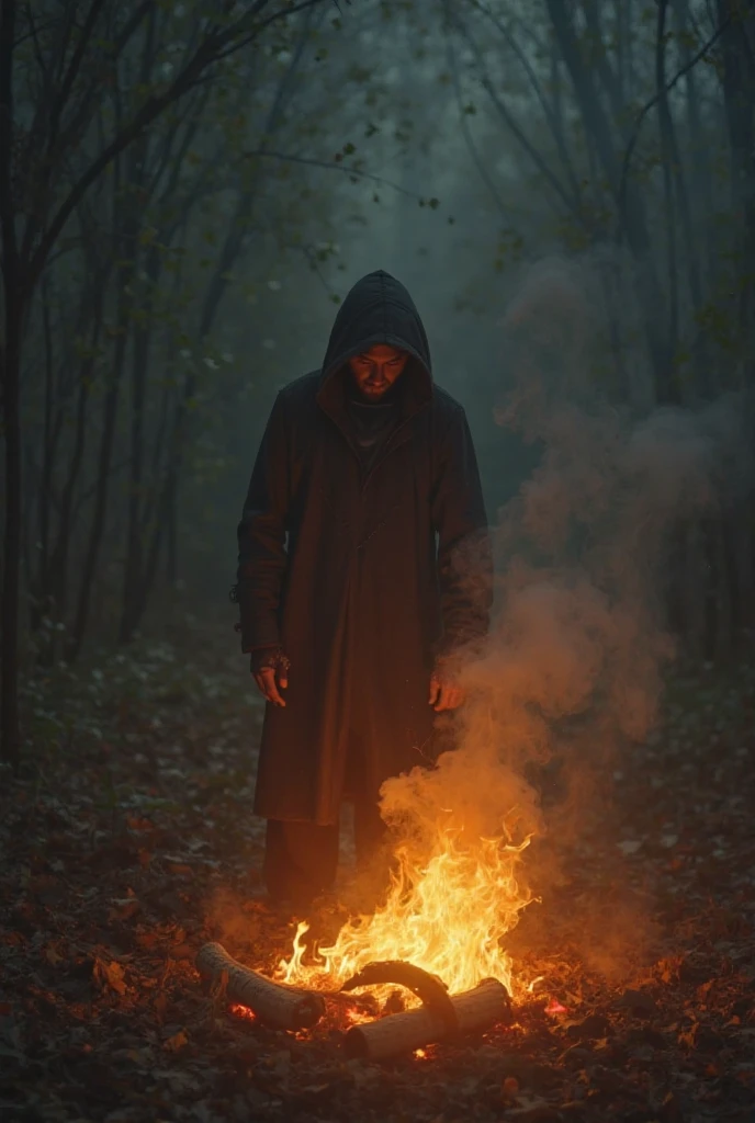 Man with a hood carries a torch in his hand and the tones of the fire reflect on his face in a dark forest and crows around him. 