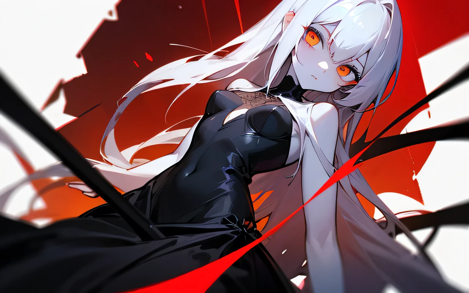 1female, pale white skin, black cracks, white hair, long hair, updo letting down hair, black scelera, red eyes, black sports sleeveless top, black and white pants, looking back, red misty background