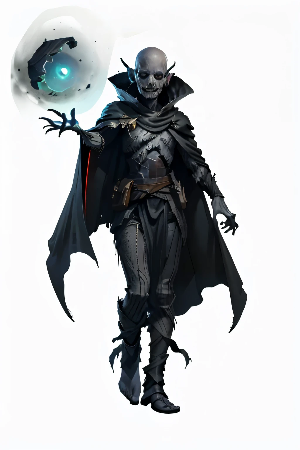 (full body image, (forbidden to cut or not) they appear from head to toe, PNG format       , transparent background, white background,  Dark theme, rpg) &&&&& (high quality, masterpiece) &&&&& Unfit with a black cape and a skeletal white face, Look deep into sleep and ghosts flying around you. gray skin, scary smile