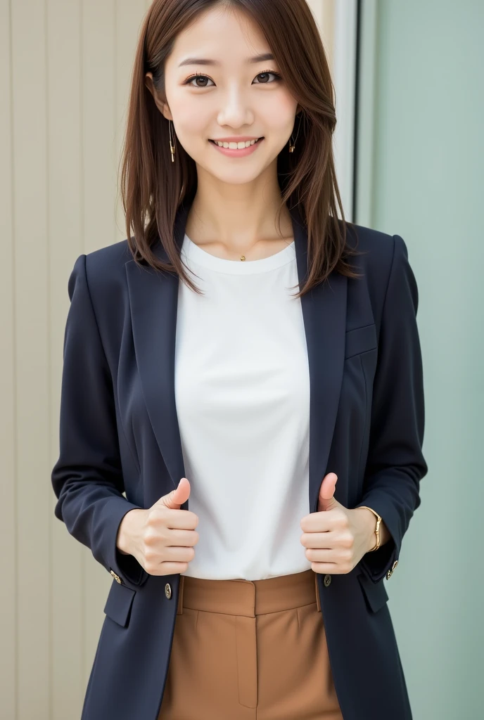 Raise your hand,(((Inside the company)))、Wearing a business jacket,Wear a shirt,look at the camera with a smile、(Panties:1.5)、woman, 20-year-old, Short Hair,私のPantiesを露出させてください...、(レースのPantiesー)、(Tilt your head a little)、Detailed skin、Detailed skin、Detailed Sweat