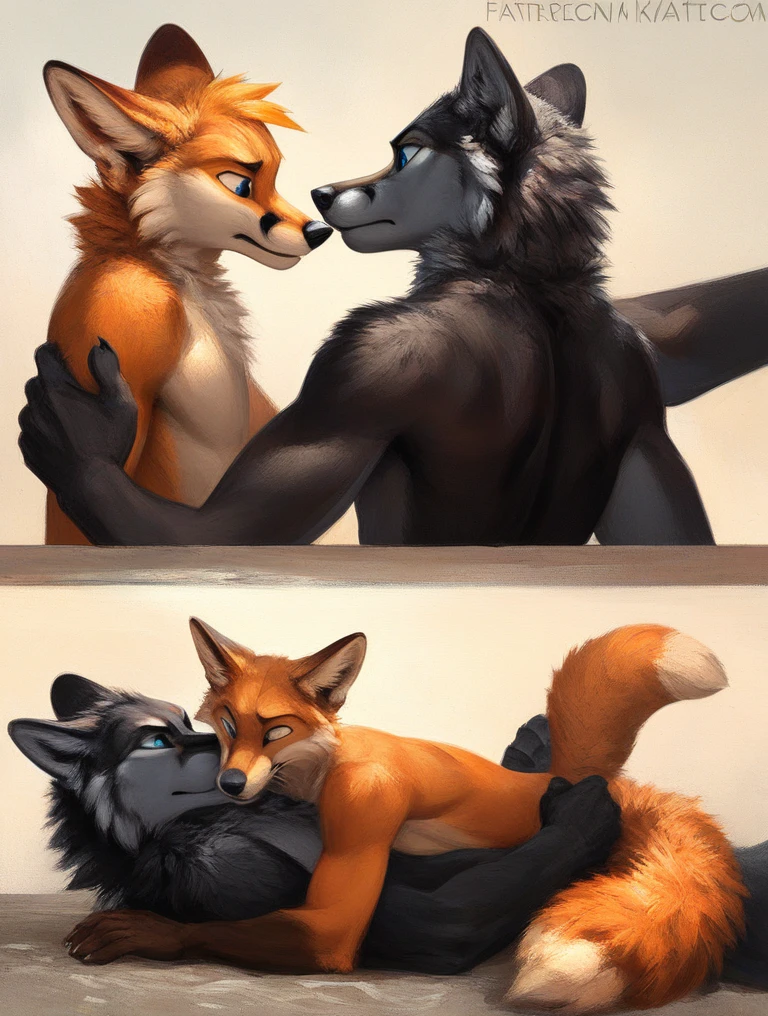 score_9, score_8_up, score_7_up, source_furry, rating_safe, by kenket, anthro, duo, male/male, wolf, black body, blue eyes, fox, orange body, on bellies, legs, disappointment, sad, fullbody portrait, strong, wrestling, pressed tightly together, neon green pawpads, neon green toe fur, laying on top, holding hands, black wolf domination, sad fox
