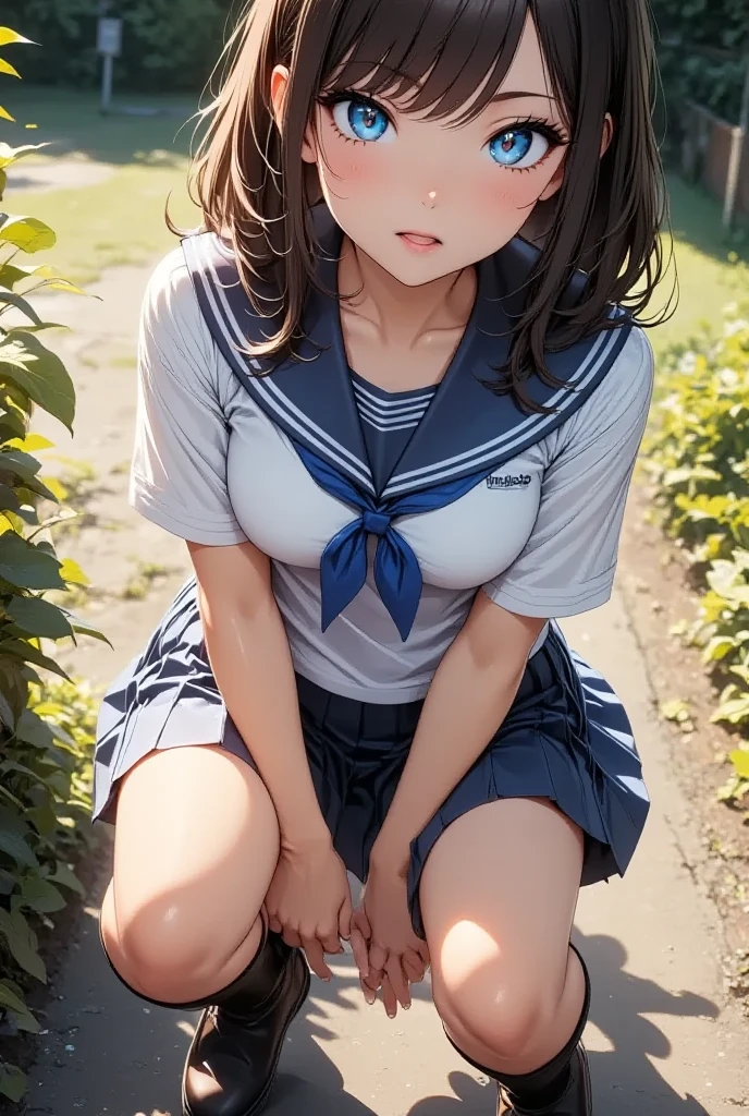 PERFECT MASTERPIECE, EXTREMELY DETAILED CG UNITY 8K UHD QUALITY RESOLUTION WALLPAPER, PHOTOREALISTIC, RAW PHOTO, PERFECT PHOTOGENIC CLARITY, OFFICIAL ART, SHINY REALISTIC SKIN, HYPER-DETAILED, HYPER-REALISTIC, The most beautiful and sexy school girl, very long brown hair, vibrant moonlight eyes, long detailed eyelashes, blushing, full pouting pink lips,  type, full hips, super huge enormously gigantic nude tits and nipples exposed, gigantic tits bursting out of her shirt, wearing a school girl uniform school girl skirt and Nike sneakers, squatting spreading her legs open lifting up her skirt arching her back in a sexy seductive slutty pose, white lace panties showing, looking at the viewer, cowboy shot from above, sexy seductive slutty facial expression, cherry blossoms blowing in the wind, detailed school campus background