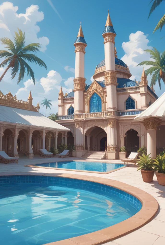 indian hindu grand royal white palace, tropical island, sunny, anime style, indian aesthetics, hindu aesthetics