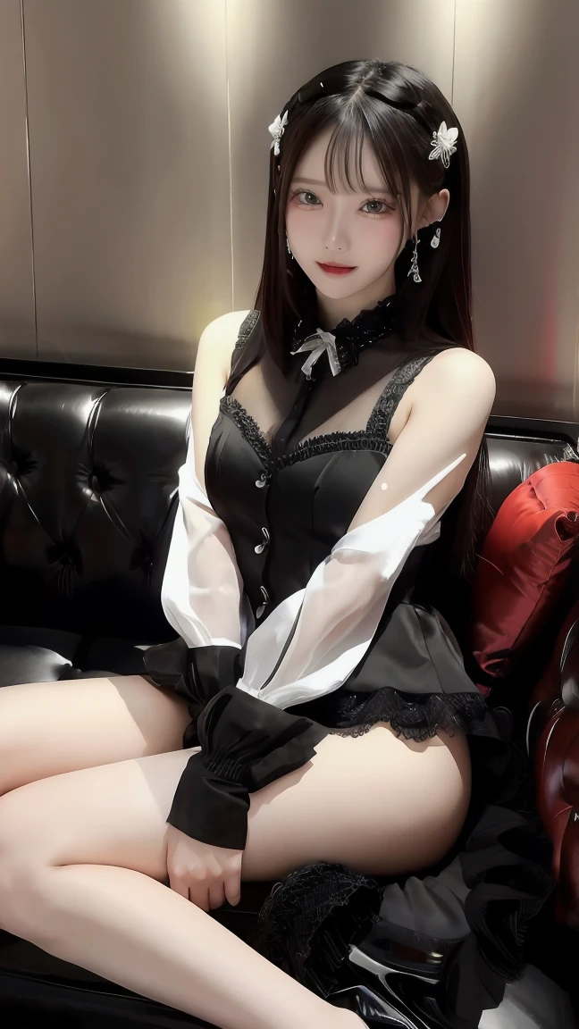 Girl portrait photography, Realistic, High resolution, 1 female, alone, Upper Body, Beautiful Eyes, Close your lips, detailed face, Gray Hair, Long Hair, Collared shirt, Red tie,Black Skirt, Pencil Skirt,, stockings,(Black lace panties are visible)(Super realistic)、(Awareness-raising)、(High resolution)、(8k)、(Very detailed)、(Best illustrations)、(Beautiful and detailed eyes)、(highest quality)、(Ultra-detailed)、(masterpiece)、(wall-)、(detailed face)、solo、1 girl in、View your viewers、Fine details、detailed face、Dark Night、Deep Shadow、Low Key、Pure Erotic Face Ace_v1、Laughter、length、Black shawl straight hair、46 point diagonal bangs,Female student、(White blazer chest)、Translucent white blouse、red bowtie、(Brightly colored mini skirts,Plaid)、Laughter,8k, highest quality, 超High resolution, Tabletop, Realistic, Realistic, High Contrast, Photon Mapping, The real picture, Super Detail, Low angle: 1.5, 1 girl, alone: 1.5, whole body, Concert venue stage at night: 1.5, Kpopstar, Kpop idol, Dressing up in K-POP style, sexy, Open your legs forward, Flashy makeup, blazer: 1.3, Short skirt: 1.3, Pair a blazer and skirt with high heels, tie, Thursday: 1.3, barefoot, High heels, M character opening leg: 1.3, Open your legs 180 degrees, Open legs: 1.3, length hair with brown hair, Wet white panties: 1.5, Panties visible from under the skirt: 1.3, expensive, Height: 170cm, Long legs: 1.2, face: 1.5, The Woman'Thin shapes are clearly visible: 1.5, protruding from panties 1.2, witheout panties: 1.3, Textured skin