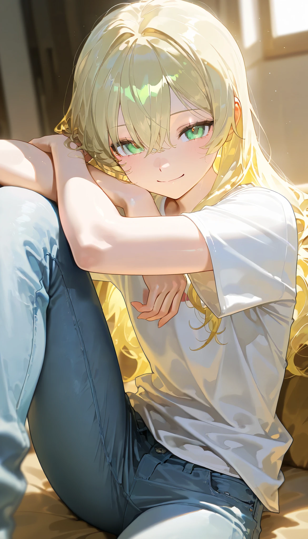 masterpiece, best quality, amazing quality, very aesthetic, absurdres, newest, super detailed, very beautiful, absurd, depth of field, natural light, strong lighting, aesthetic coloring, shiny, detailed face, high-res, 748cmstyle, 1boy, human, shiny green eyes, detailed eyes, short blond hair, bright skin, radiating skin, skinny, wavy ruffled hair, rolled up hair, big white t-shirt, jeans, looking at viewer, shiny skin, until thighs, smiling, relaxed pose, dynamic angle