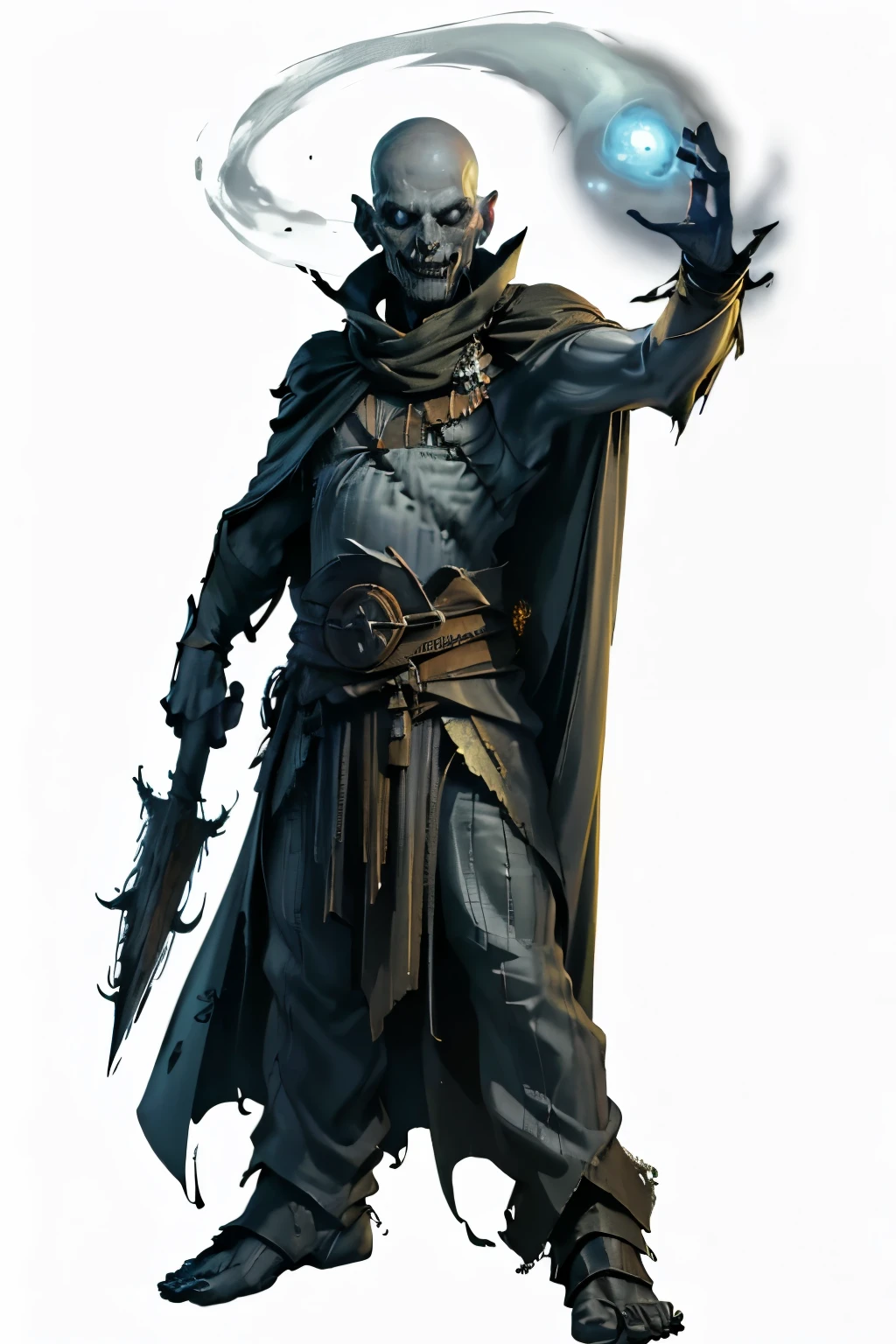 (full body image, (forbidden to cut or not) they appear from head to toe, PNG format , transparent background, white background, Dark theme, rpg) &&&&& (high quality, masterpiece) &&&&& Unfit with a black cape and a skeletal white face, Look deep into sleep and ghosts flying around you. gray skin, scary smile