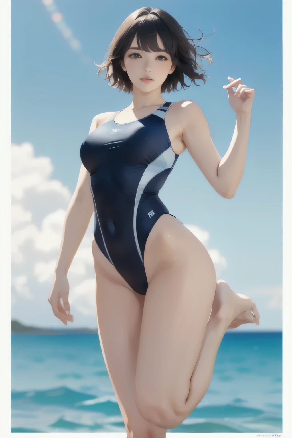 Highest quality、Realistic、zoom、Chestnut Hair、Grey Eyes、short hair、One piece swimsuit、Tanned body、Dark Skin、Sweat、Ocean、Chubby