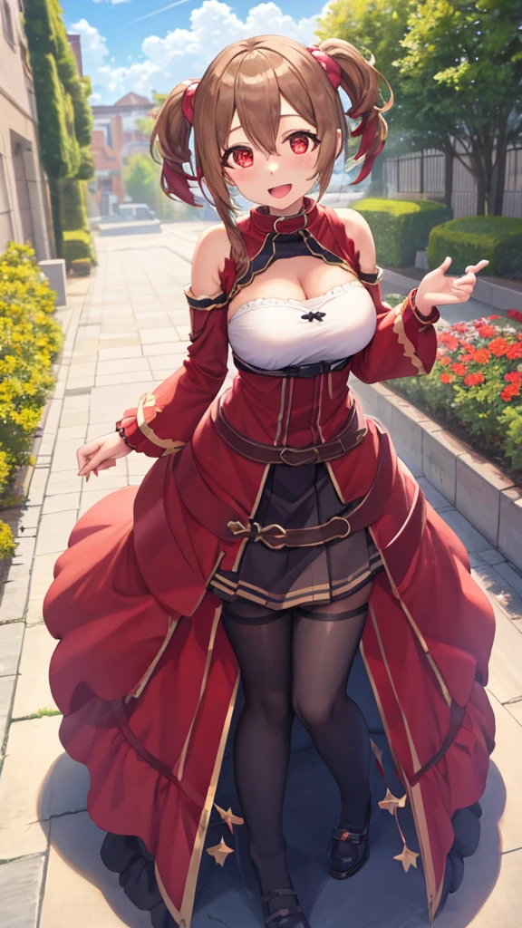 highest quality、complete limbs、full finger、one beautiful woman、beautiful big breasted woman、straight hair woman、(Red-haired woman)、big smile、(Woman knight)、((red high neck leotard:1.3))、(brown pantyhose:1.3)、(((full armor)))、Red cloak、Naughty Poses、in a castle、Walking