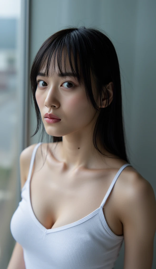 High resolution, high resolution, high contrast effect, masterpiece, skitomically textured, very precise, sharp., gray background,
((Young Japanese woman, 45 years old))、Alone, long hair ((No wrinkles, beautiful face)), Big breasts, good figure, light brown hair straight to the shoulders, plump body type., (((crawl Crawl facing the center of the screen.)))、flick of tongue lips,
serious face, Prison Hillcrawl crawled looking straight ahead. white summer women's bra,