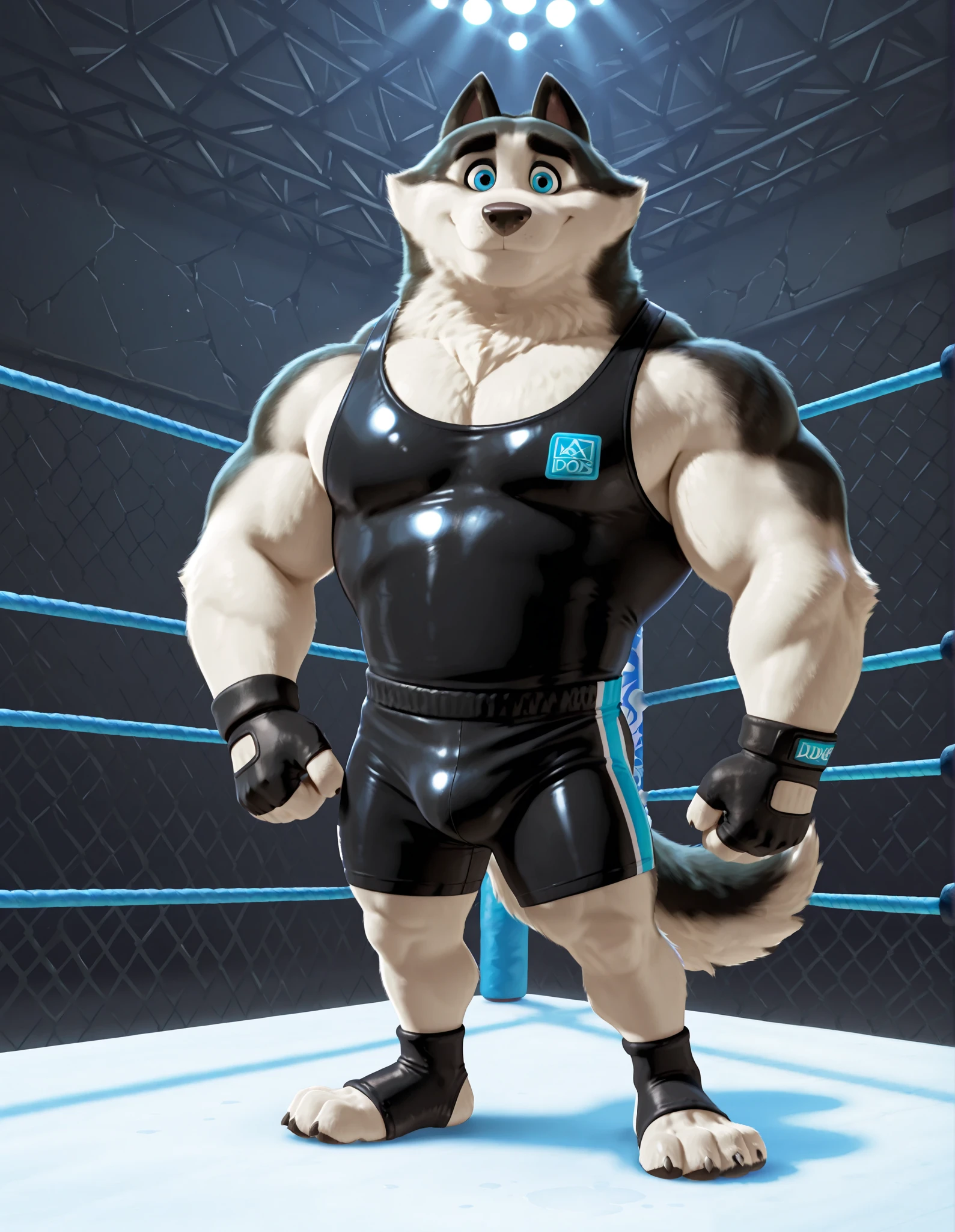 Duke (Arctic Dogs), anthro dog, black fur, white fur, male, blue eyes, high quality, full body, looking at viewer, solo, caged fighting ring background, fingerless gloves, feet, thick arms, muscular, wrestling singlet shorts