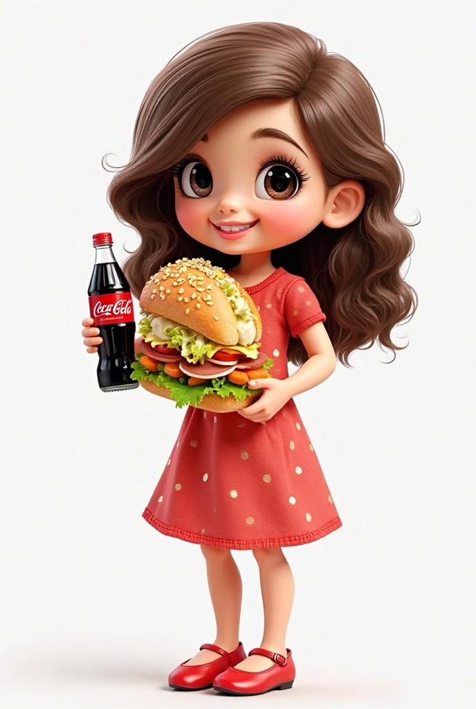 A little girl dressed as a cook, holding a hamburger, smiling, dark curly hair, beautiful face, in high definition, image in hd, in perfect quality, with a white background